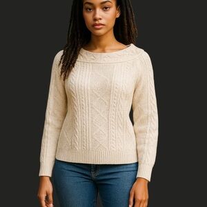 Lauren Ralph Lauren Cable Knit Shimmer Sweater M Cream Soft Classic Winter